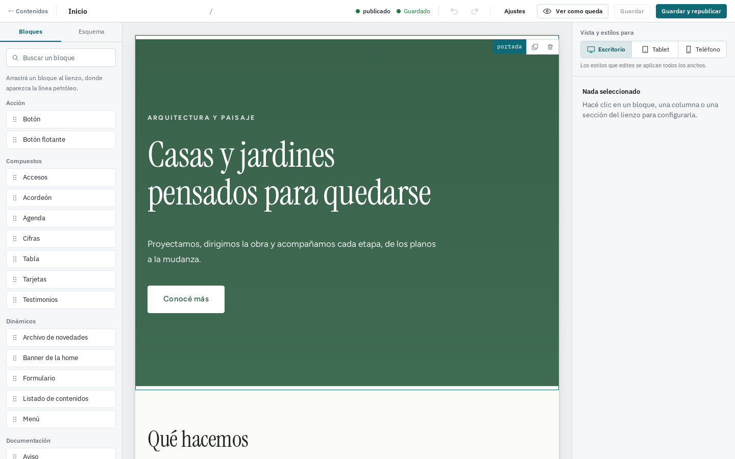 El editor de Papiro con la portada de un sitio: la paleta de bloques a la izquierda, el lienzo en el centro y el panel de estilos a la derecha.